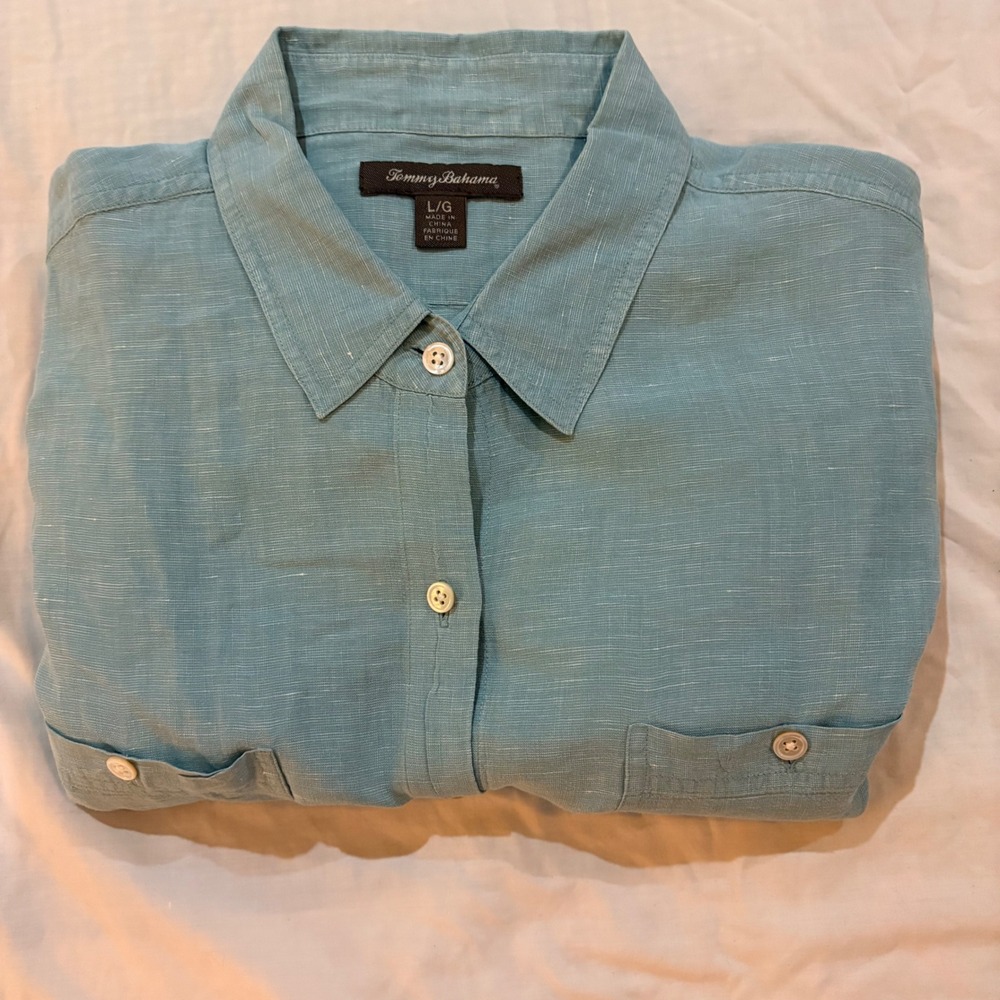Tommy Bahama Mens‎ L Linen Long Sleeve Button Up Shirt Seafoam Blue Pockets Flaw